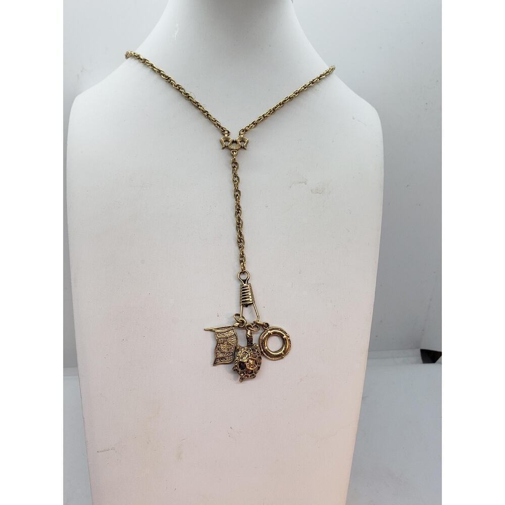 Vintage Charm Necklace Y Lariat Turtle Nautical Life Ring Maple Leaf Flag